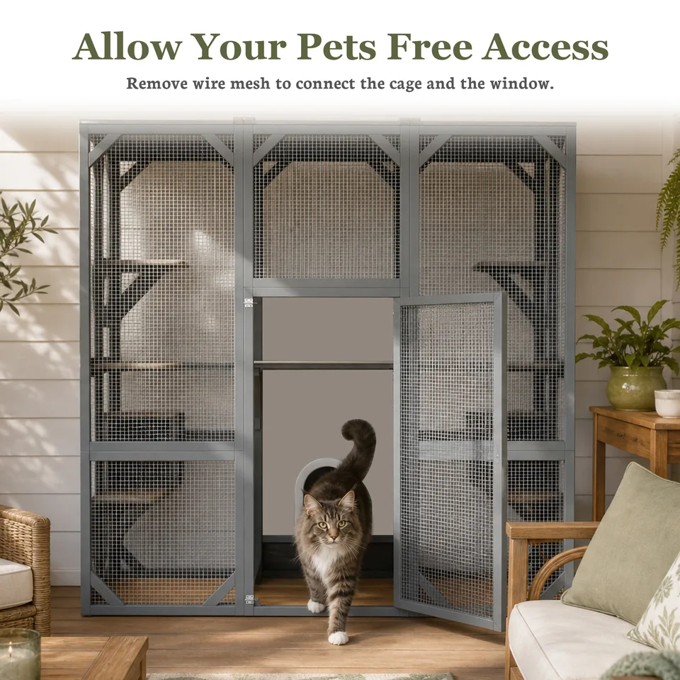 71" x 37" x 71" Outdoor Cat Enclosure, Large Wooden Cat Cage with Mesh Panels & Waterproof Roof, Well-Ventilated & Escape-Proof – For view 13