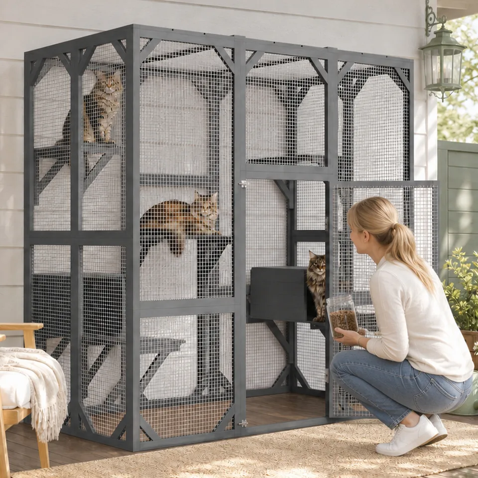 71" x 37" x 71" Outdoor Cat Enclosure, Large Wooden Cat Cage with Mesh Panels & Waterproof Roof, Well-Ventilated & Escape-Proof – For view 10