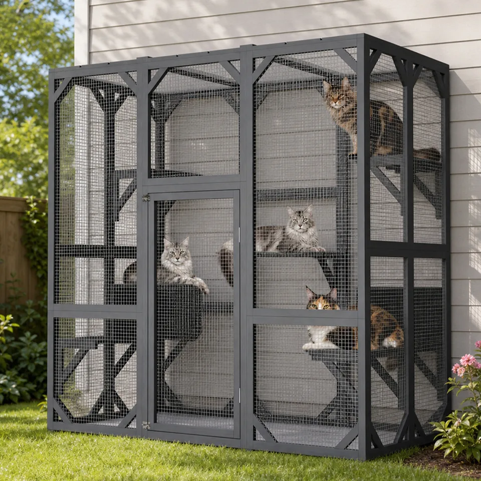 71" x 37" x 71" Outdoor Cat Enclosure, Large Wooden Cat Cage with Mesh Panels & Waterproof Roof, Well-Ventilated & Escape-Proof – For view 9