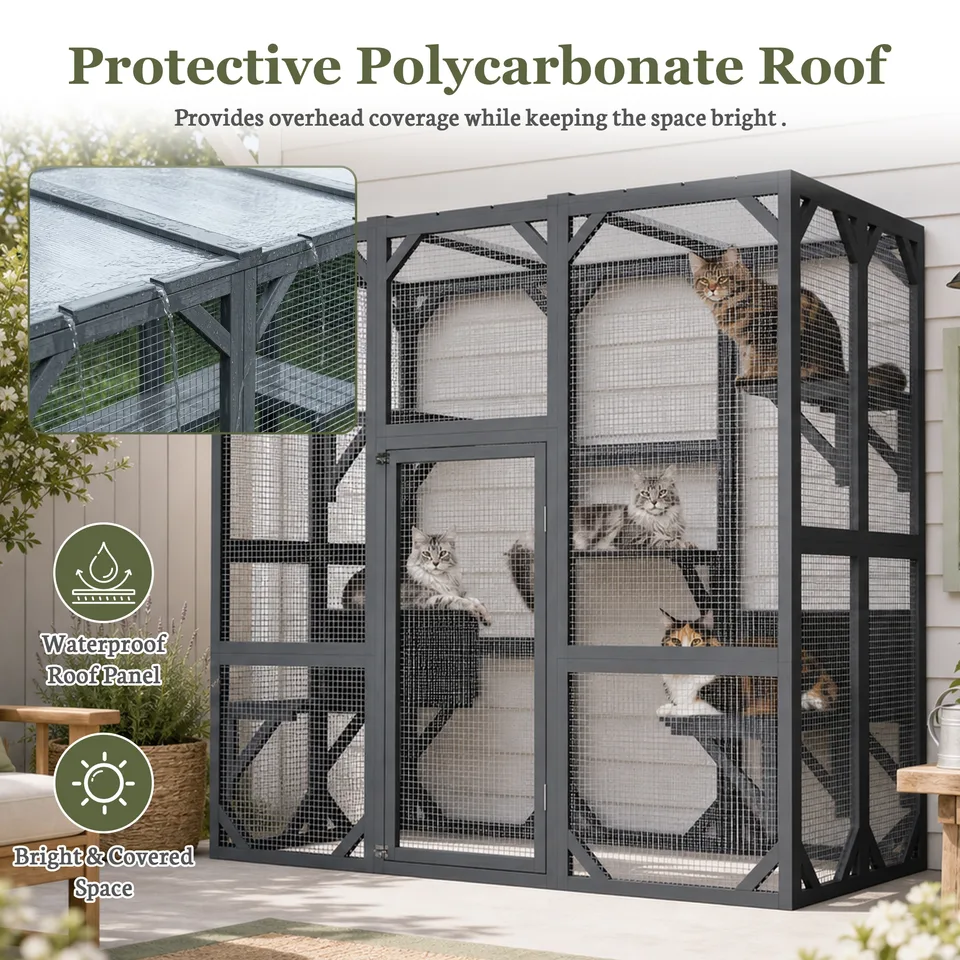 71" x 37" x 71" Outdoor Cat Enclosure, Large Wooden Cat Cage with Mesh Panels & Waterproof Roof, Well-Ventilated & Escape-Proof – For view 8