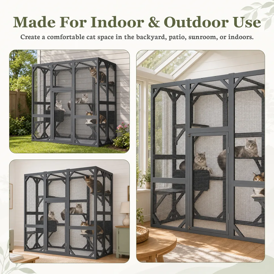 71" x 37" x 71" Outdoor Cat Enclosure, Large Wooden Cat Cage with Mesh Panels & Waterproof Roof, Well-Ventilated & Escape-Proof – For view 7