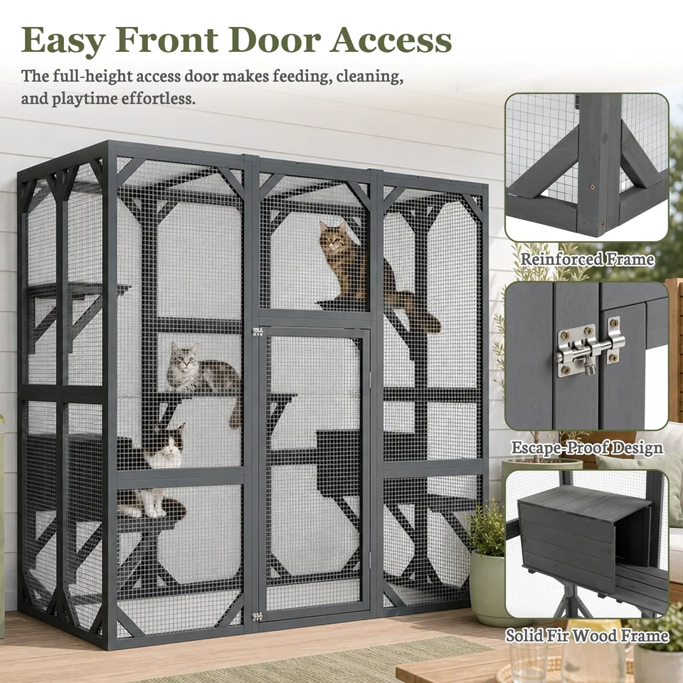 71" x 37" x 71" Outdoor Cat Enclosure, Large Wooden Cat Cage with Mesh Panels & Waterproof Roof, Well-Ventilated & Escape-Proof – For view 4