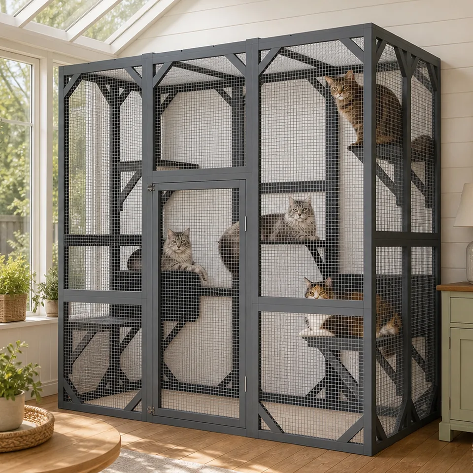 71" x 37" x 71" Outdoor Cat Enclosure, Large Wooden Cat Cage with Mesh Panels & Waterproof Roof, Well-Ventilated & Escape-Proof – For view 1