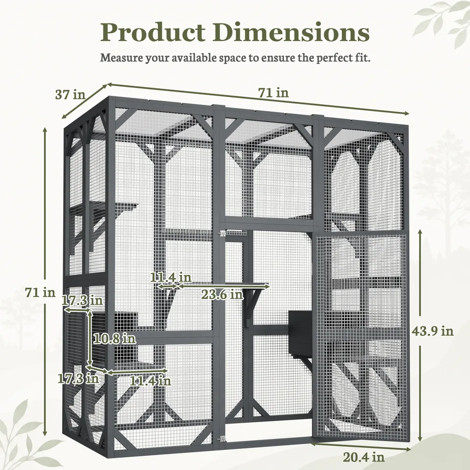 71" x 37" x 71" Outdoor Cat Enclosure, Large Wooden Cat Cage with Mesh Panels & Waterproof Roof, Well-Ventilated & Escape-Proof – For view 5