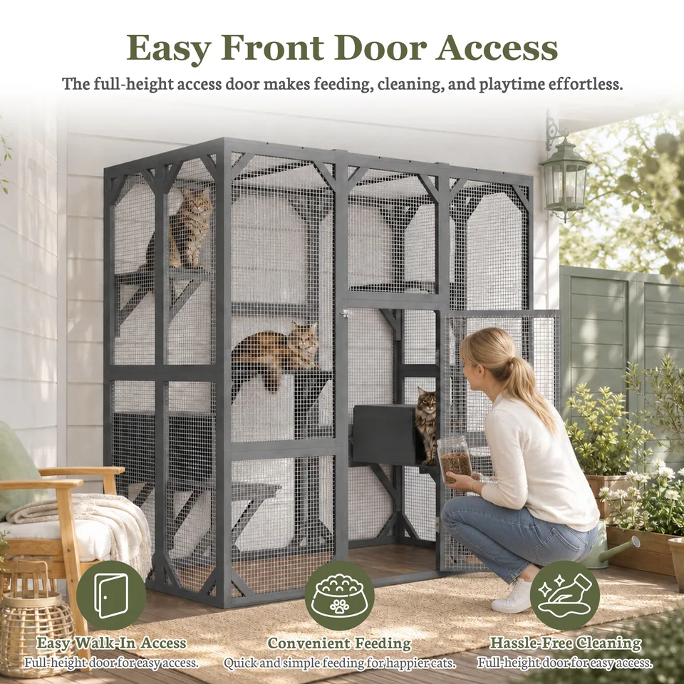 71" x 37" x 71" Outdoor Cat Enclosure, Large Wooden Cat Cage with Mesh Panels & Waterproof Roof, Well-Ventilated & Escape-Proof – For view 2