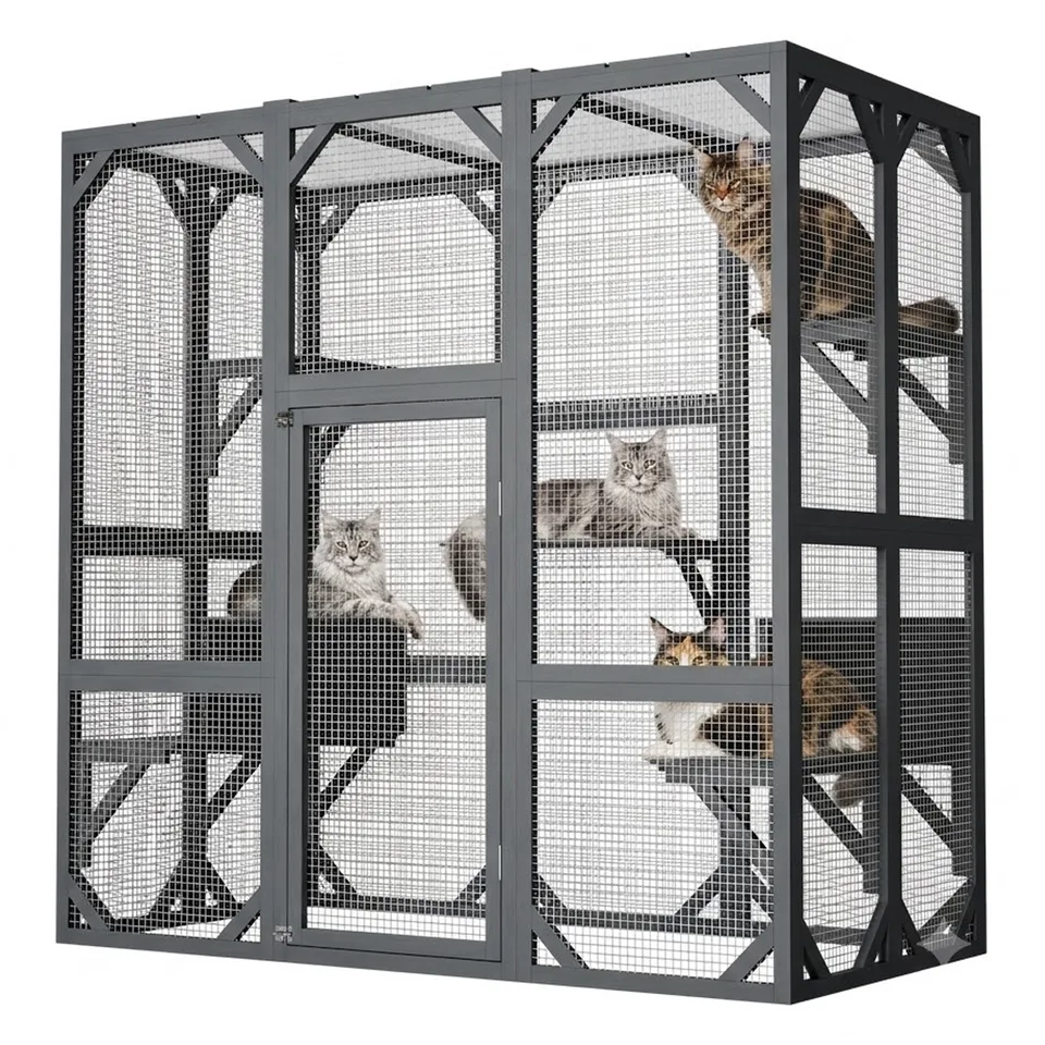 71" x 37" x 71" Outdoor Cat Enclosure, Large Wooden Cat Cage with Mesh Panels & Waterproof Roof, Well-Ventilated & Escape-Proof – For view 6