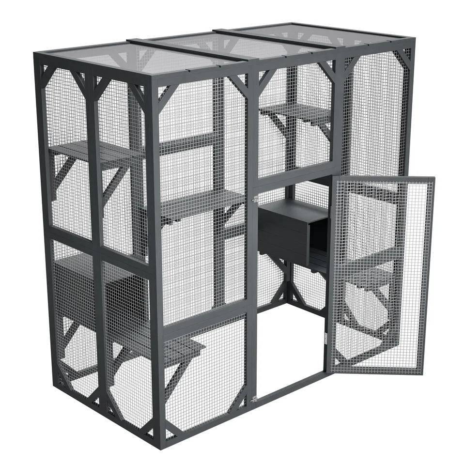 71" x 37" x 71" Outdoor Cat Enclosure, Large Wooden Cat Cage with Mesh Panels & Waterproof Roof, Well-Ventilated & Escape-Proof – For view 3