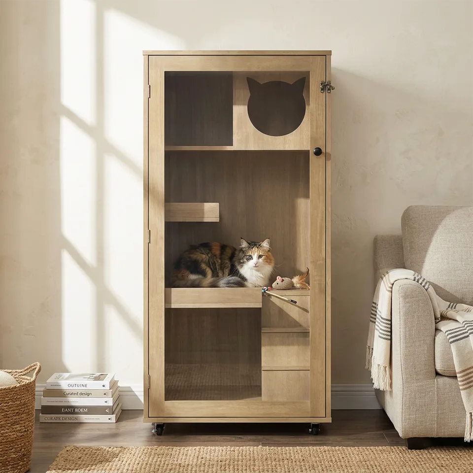 Basia Rubber Wood Cat Cabinet with Wheels, Ventilated Indoor Cat Condo with Multi-Level Shelves & Lockable Door, Safe & Spacious Cat view 1