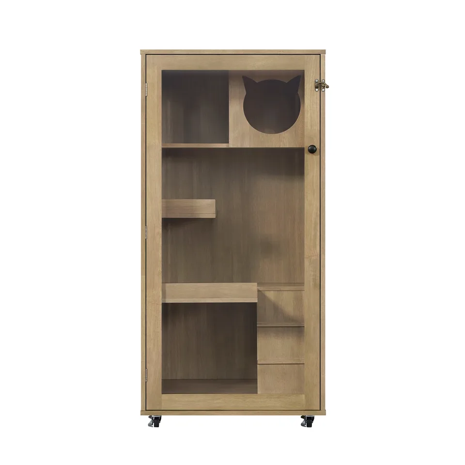Basia Rubber Wood Cat Cabinet with Wheels, Ventilated Indoor Cat Condo with Multi-Level Shelves & Lockable Door, Safe & Spacious Cat view 8