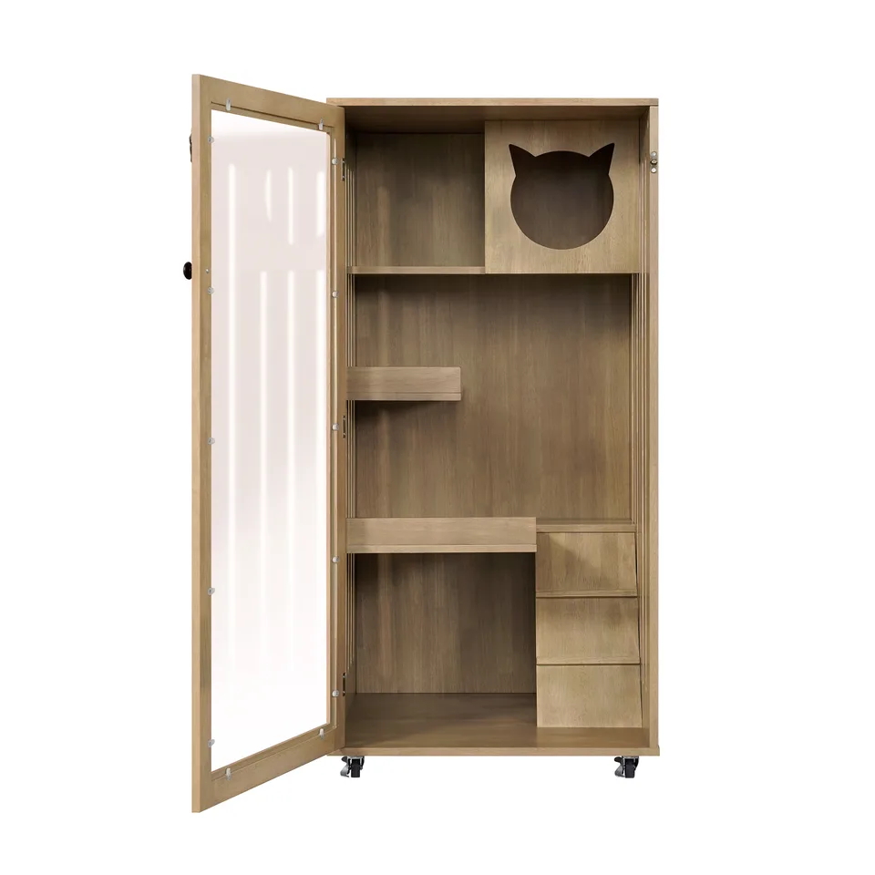 Basia Rubber Wood Cat Cabinet with Wheels, Ventilated Indoor Cat Condo with Multi-Level Shelves & Lockable Door, Safe & Spacious Cat view 4