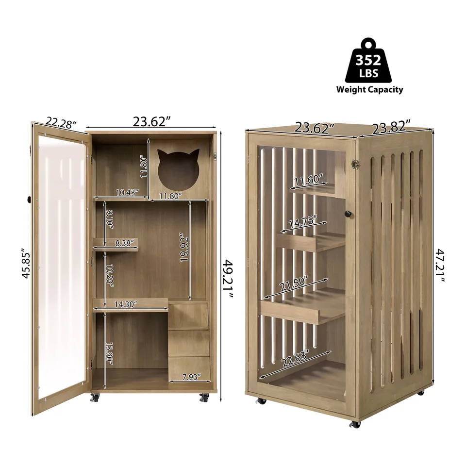 Basia Rubber Wood Cat Cabinet with Wheels, Ventilated Indoor Cat Condo with Multi-Level Shelves & Lockable Door, Safe & Spacious Cat view 6