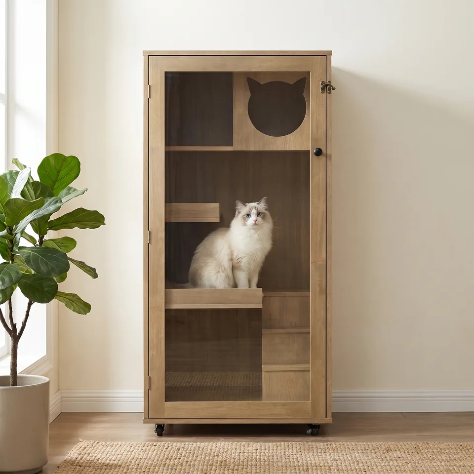 Basia Rubber Wood Cat Cabinet with Wheels, Ventilated Indoor Cat Condo with Multi-Level Shelves & Lockable Door, Safe & Spacious Cat view 10