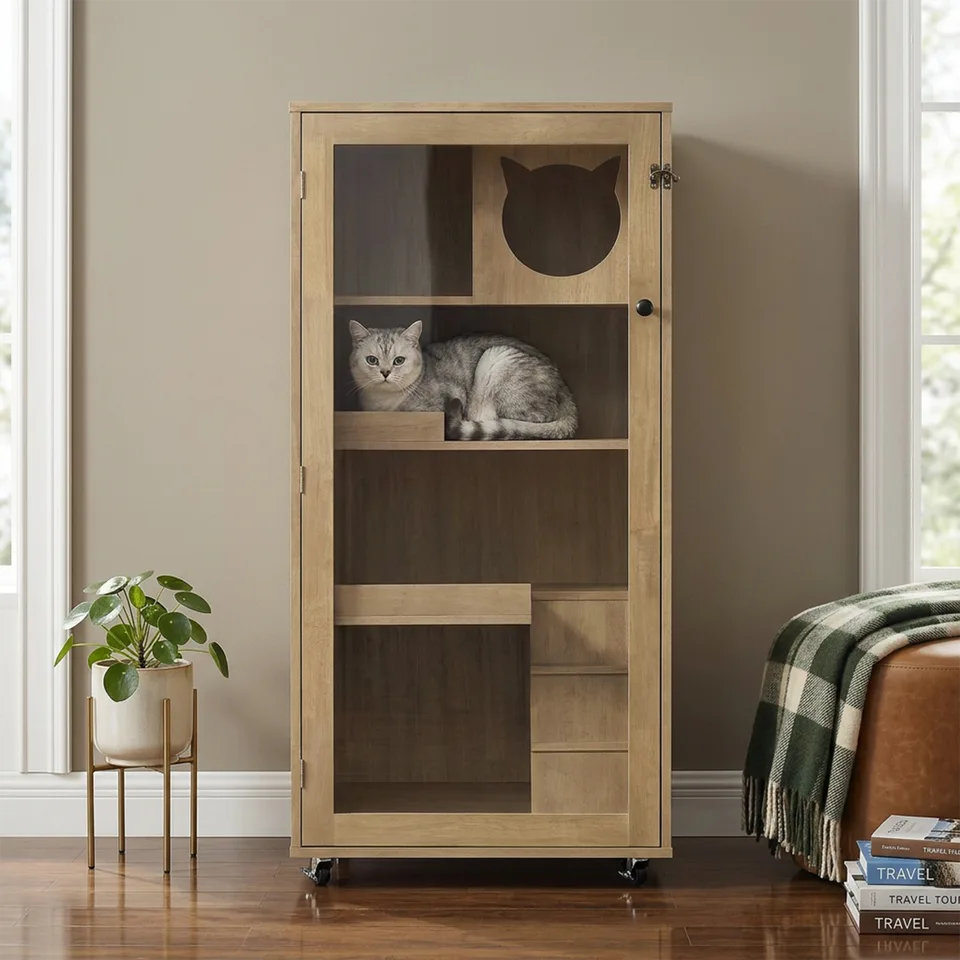 Basia Rubber Wood Cat Cabinet with Wheels, Ventilated Indoor Cat Condo with Multi-Level Shelves & Lockable Door, Safe & Spacious Cat view 2