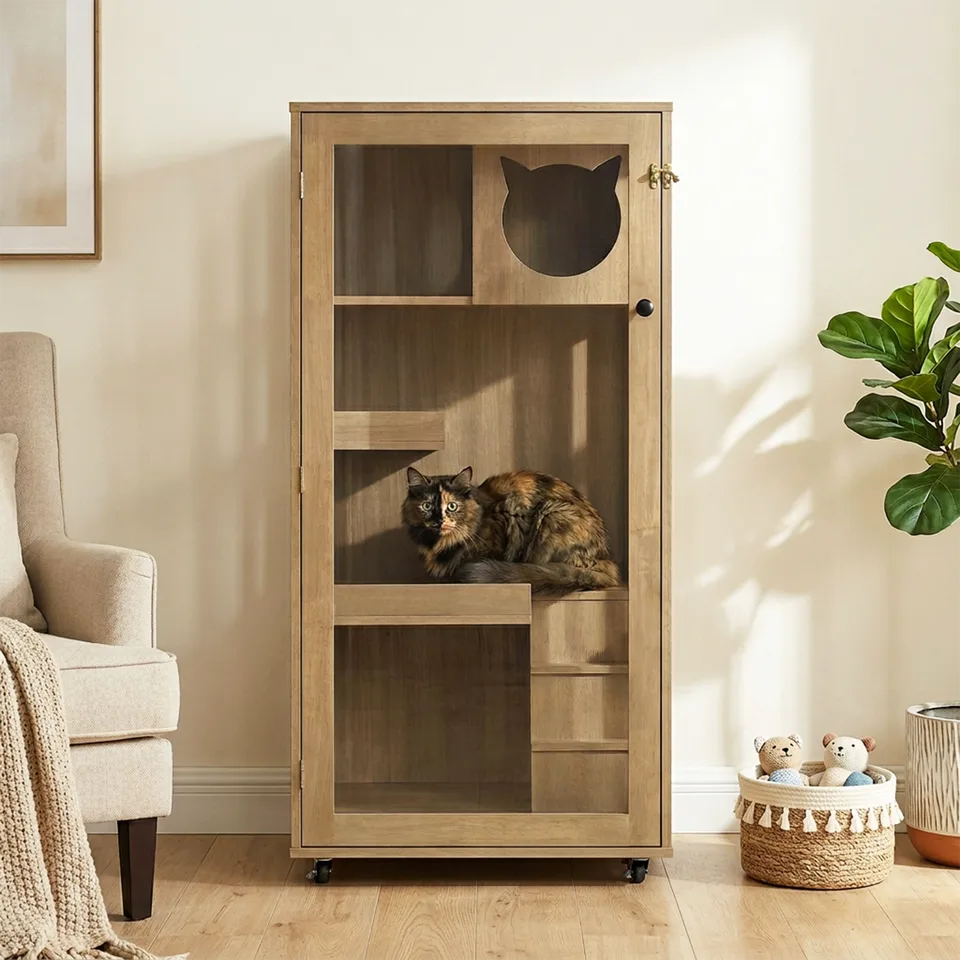 Basia Rubber Wood Cat Cabinet with Wheels, Ventilated Indoor Cat Condo with Multi-Level Shelves & Lockable Door, Safe & Spacious Cat view 7