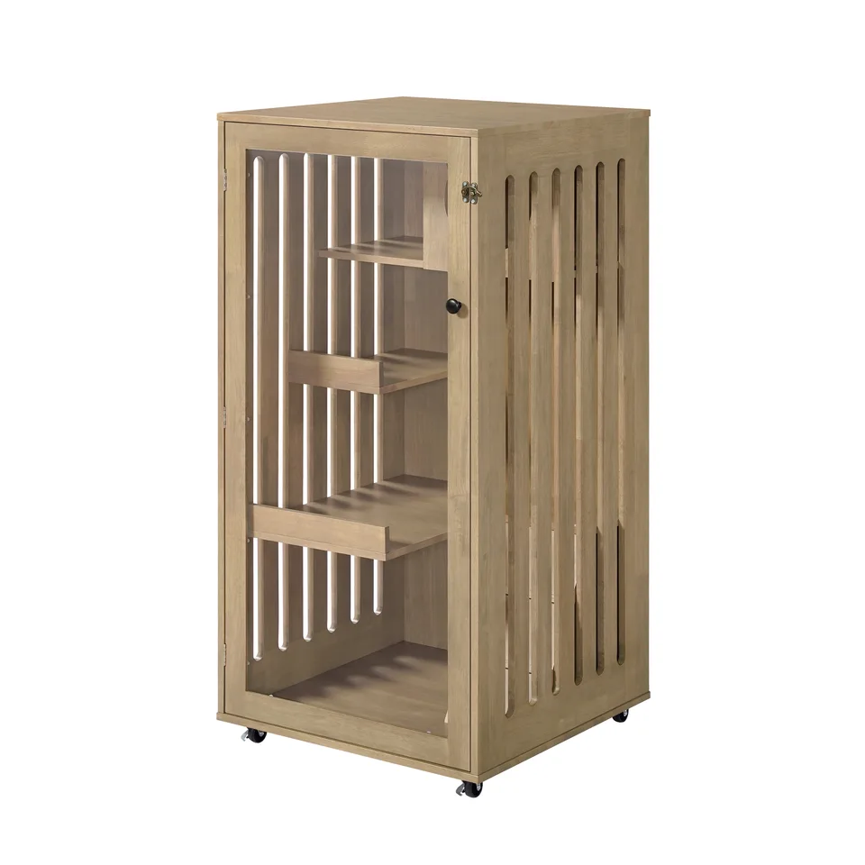 Basia Rubber Wood Cat Cabinet with Wheels, Ventilated Indoor Cat Condo with Multi-Level Shelves & Lockable Door, Safe & Spacious Cat view 13