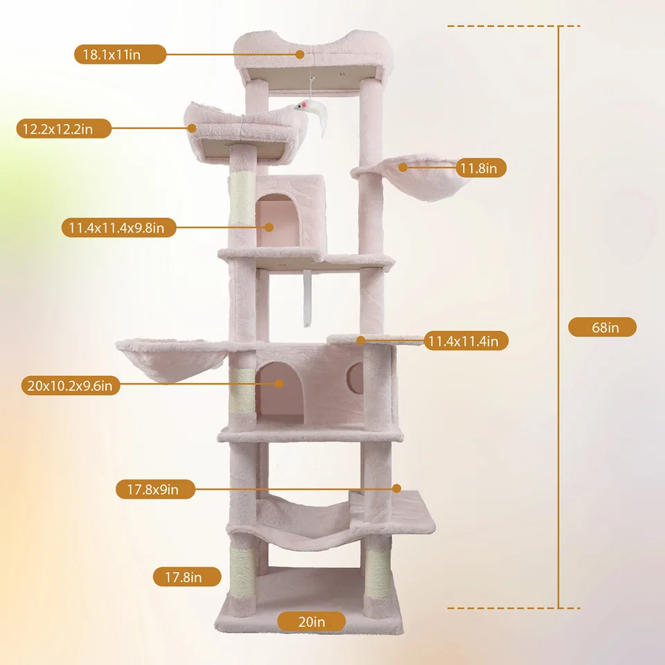 68in Tall Multi-Level Green Cat Tree with Hammocks, Hanging Basket, Cat Cave, Removeable Cushion, Scratching Posts - Plush Cat Tower for view 7