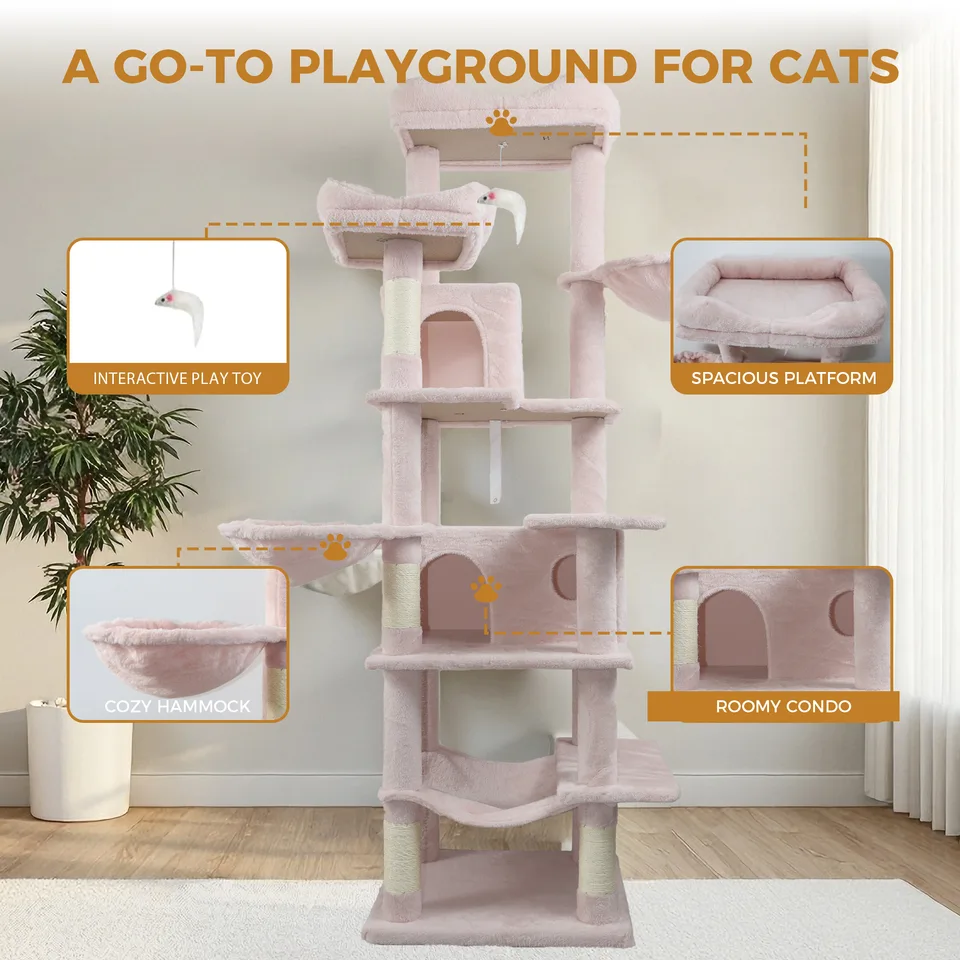 68in Tall Multi-Level Green Cat Tree with Hammocks, Hanging Basket, Cat Cave, Removeable Cushion, Scratching Posts - Plush Cat Tower for view 3