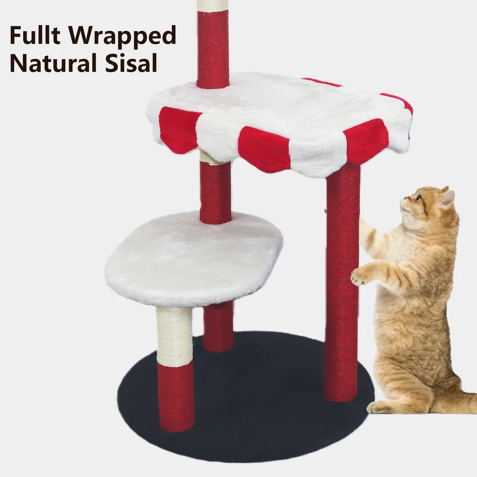 Cat Tree with Cozy Perch & Scratching Posts - Red & White Design Multi-Level Cat Furniture for Kittens/Cats to Climb, Rest & Play view 4