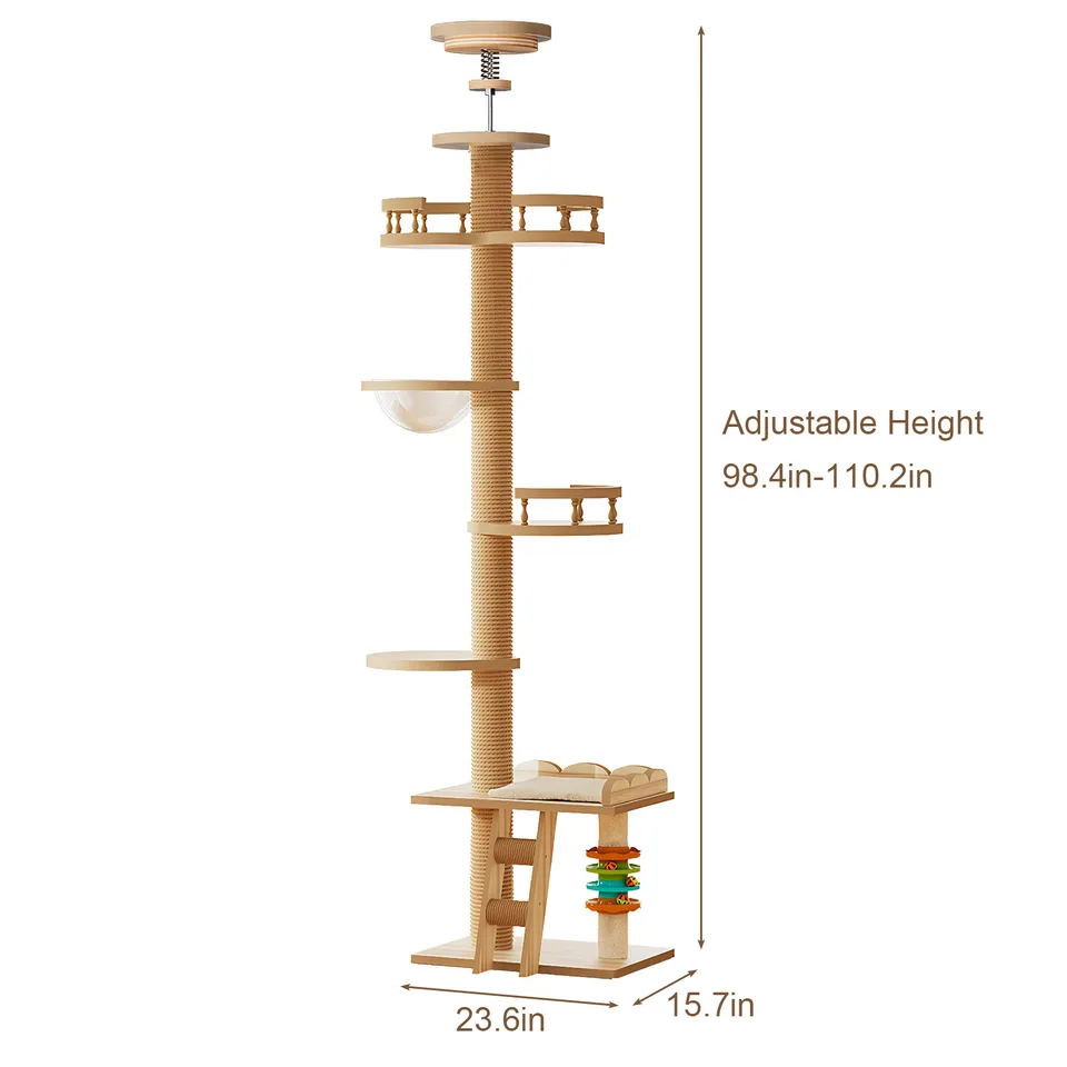 Adjustable Height Floor-to-Ceiling Cat Tree Made of MDF Board, Tall Cat Tower with Sisal Scratching Post, Bubble Window Perch, Ladder & view 8
