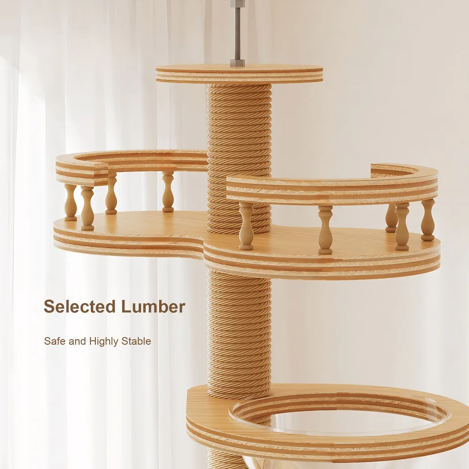 Adjustable Height Floor-to-Ceiling Cat Tree Made of MDF Board, Tall Cat Tower with Sisal Scratching Post, Bubble Window Perch, Ladder & view 2