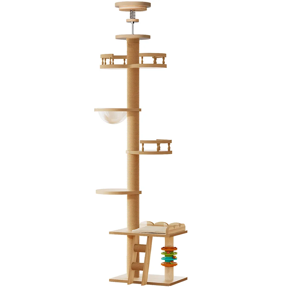 Adjustable Height Floor-to-Ceiling Cat Tree Made of MDF Board, Tall Cat Tower with Sisal Scratching Post, Bubble Window Perch, Ladder & view 1