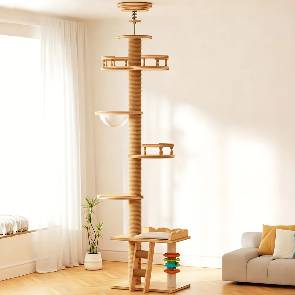 Adjustable Height Floor-to-Ceiling Cat Tree Made of MDF Board, Tall Cat Tower with Sisal Scratching Post, Bubble Window Perch, Ladder & view 9