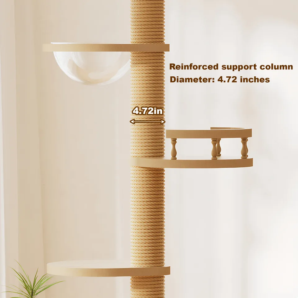 Adjustable Height Floor-to-Ceiling Cat Tree Made of MDF Board, Tall Cat Tower with Sisal Scratching Post, Bubble Window Perch, Ladder & view 5