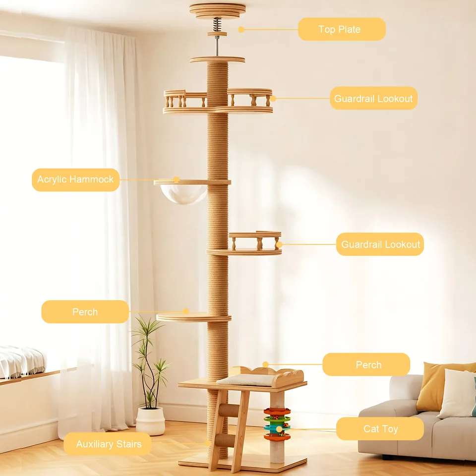 Adjustable Height Floor-to-Ceiling Cat Tree Made of MDF Board, Tall Cat Tower with Sisal Scratching Post, Bubble Window Perch, Ladder & view 3