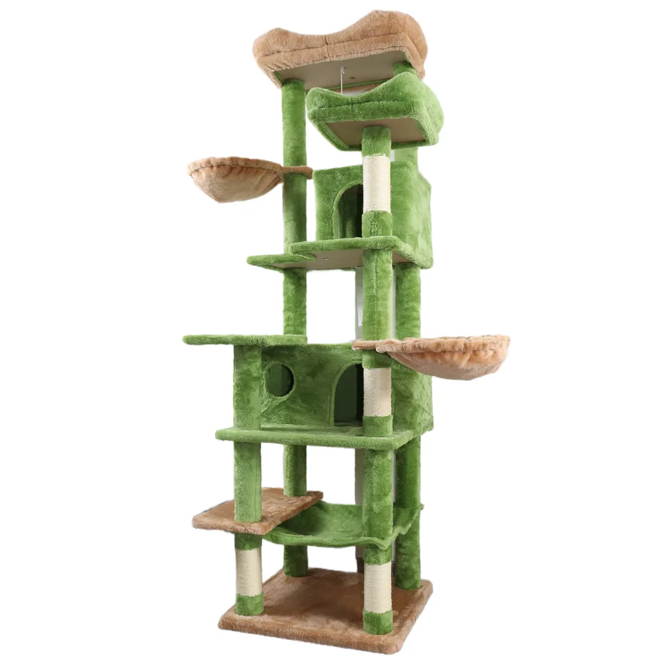 68in Tall Multi-Level Green Cat Tree with Hammocks, Hanging Basket, Cat Cave, Removeable Cushion, Scratching Posts - Plush Cat Tower for view 3