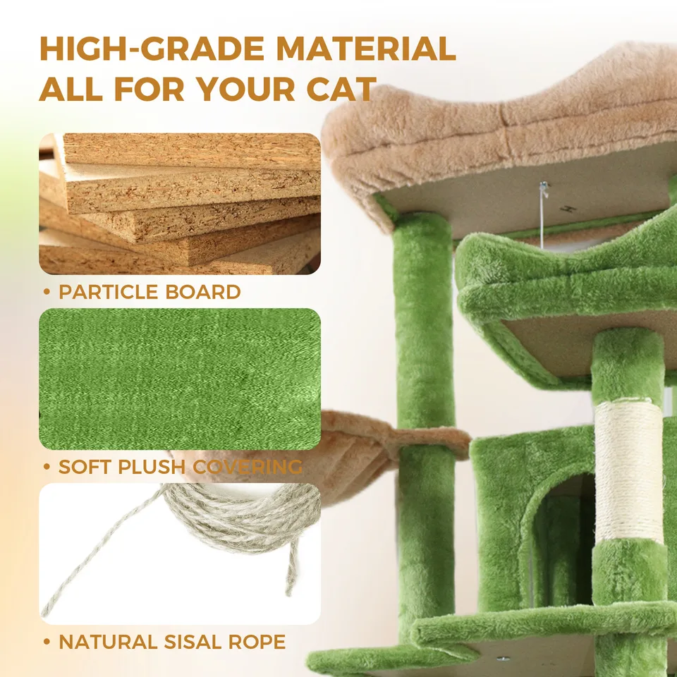 68in Tall Multi-Level Green Cat Tree with Hammocks, Hanging Basket, Cat Cave, Removeable Cushion, Scratching Posts - Plush Cat Tower for view 6