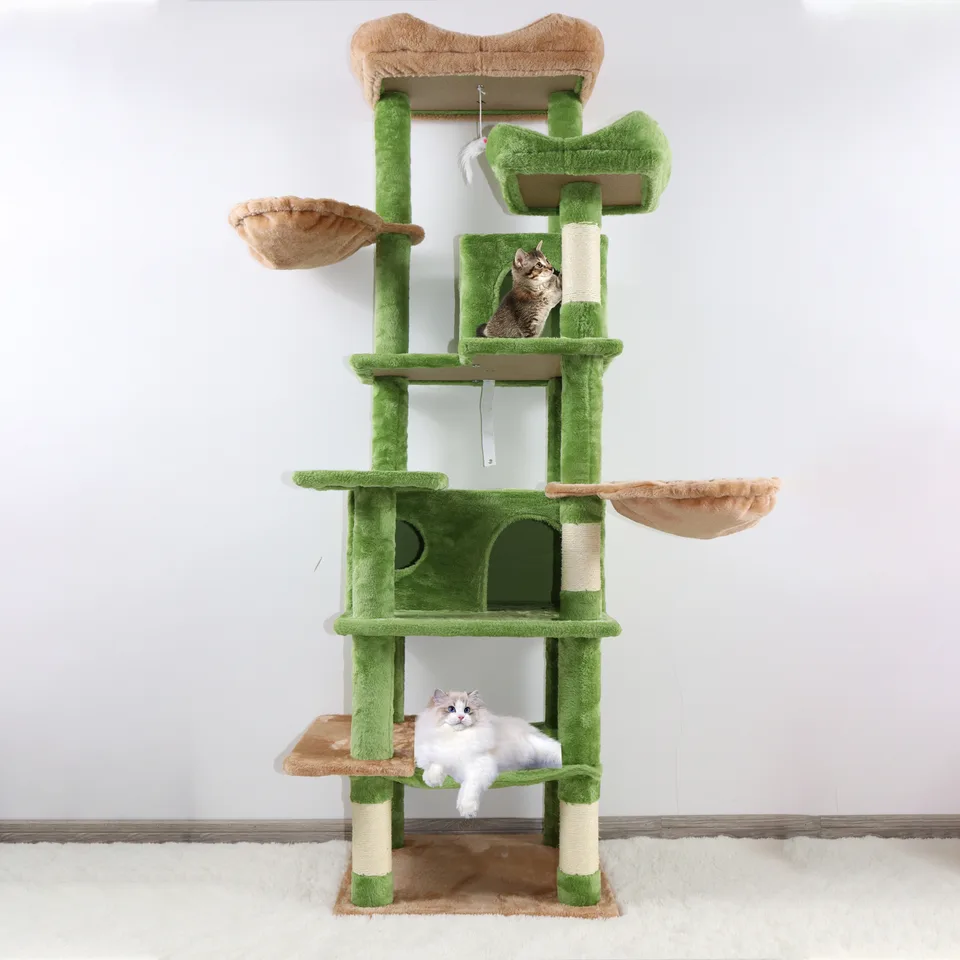 68in Tall Multi-Level Green Cat Tree with Hammocks, Hanging Basket, Cat Cave, Removeable Cushion, Scratching Posts - Plush Cat Tower for view 7