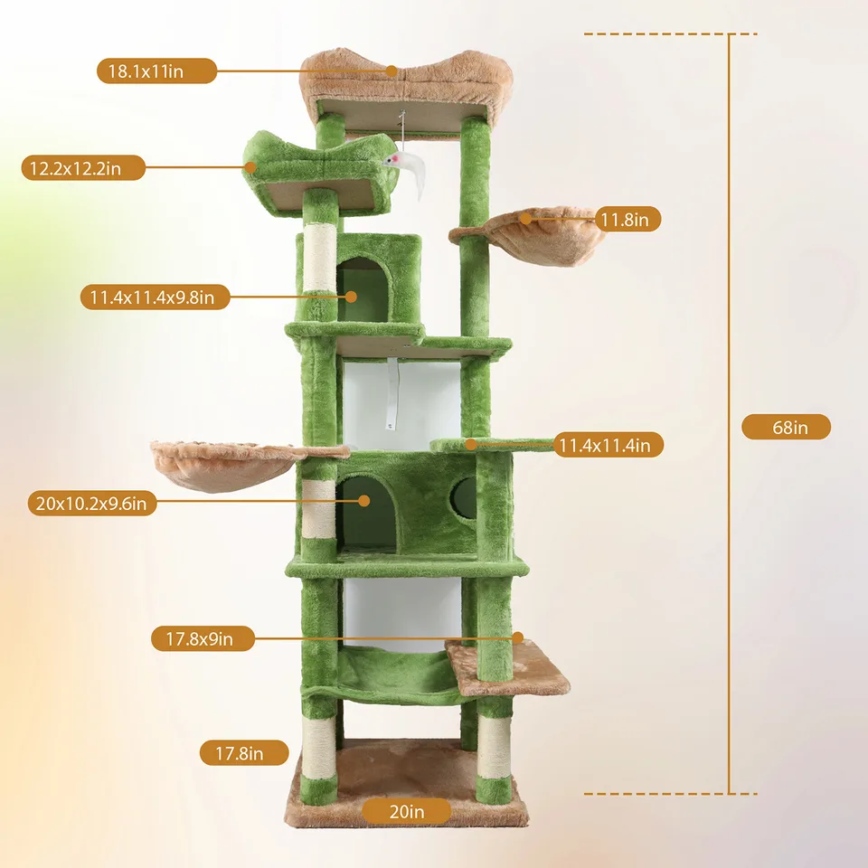 68in Tall Multi-Level Green Cat Tree with Hammocks, Hanging Basket, Cat Cave, Removeable Cushion, Scratching Posts - Plush Cat Tower for view 2