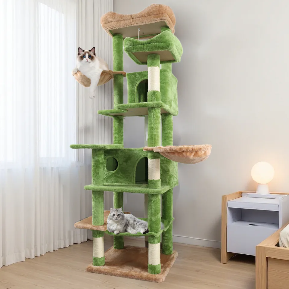 68in Tall Multi-Level Green Cat Tree with Hammocks, Hanging Basket, Cat Cave, Removeable Cushion, Scratching Posts - Plush Cat Tower for view 1