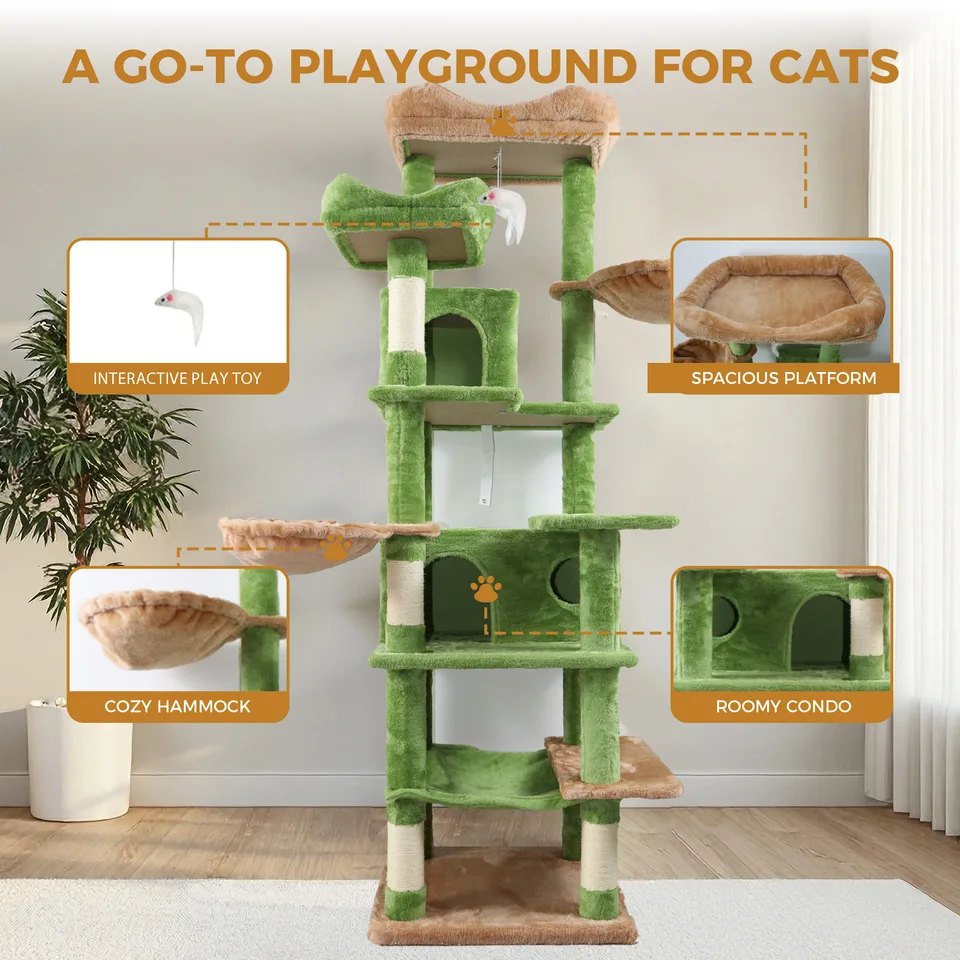 68in Tall Multi-Level Green Cat Tree with Hammocks, Hanging Basket, Cat Cave, Removeable Cushion, Scratching Posts - Plush Cat Tower for view 4