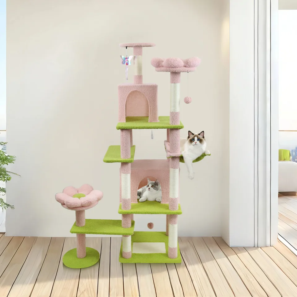 71 inch flower cat tree with large condo removable flower cushion and hammock pink view 9