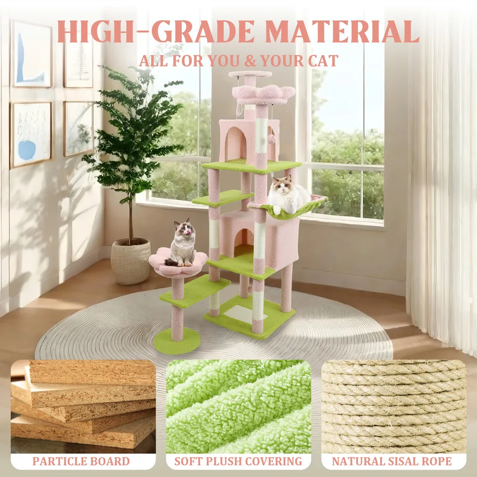 71 inch flower cat tree with large condo removable flower cushion and hammock pink view 10