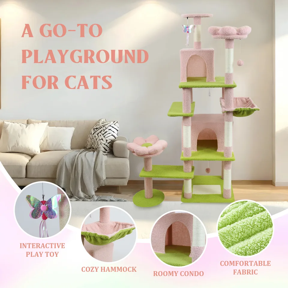 71 inch flower cat tree with large condo removable flower cushion and hammock pink view 2