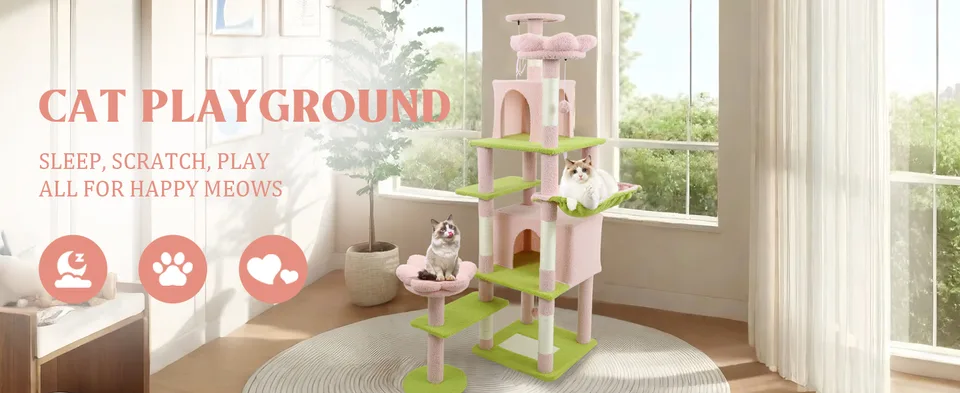 71 inch flower cat tree with large condo removable flower cushion and hammock pink view 5