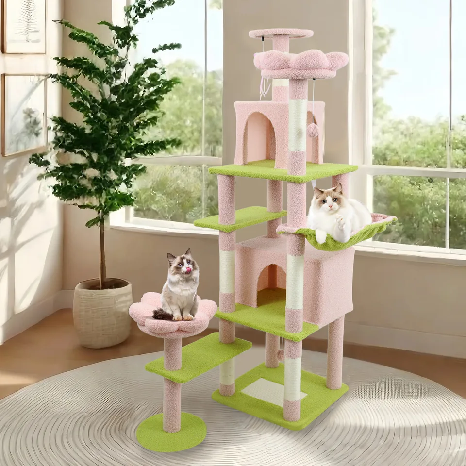 71 inch flower cat tree with large condo removable flower cushion and hammock pink view 6