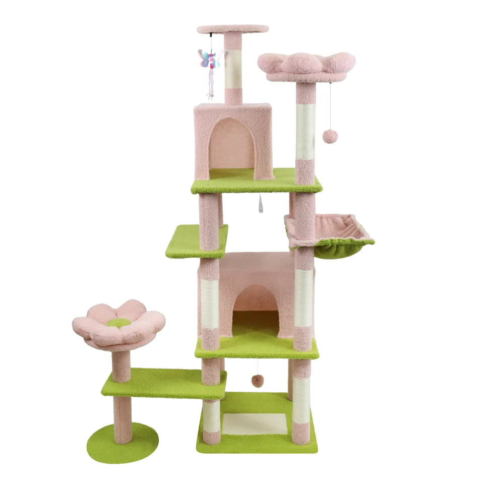71 inch flower cat tree with large condo removable flower cushion and hammock pink view 1