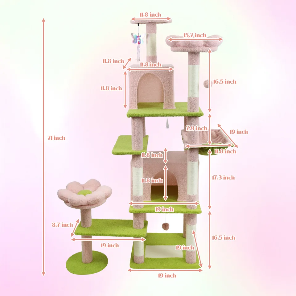 71 inch flower cat tree with large condo removable flower cushion and hammock pink view 8