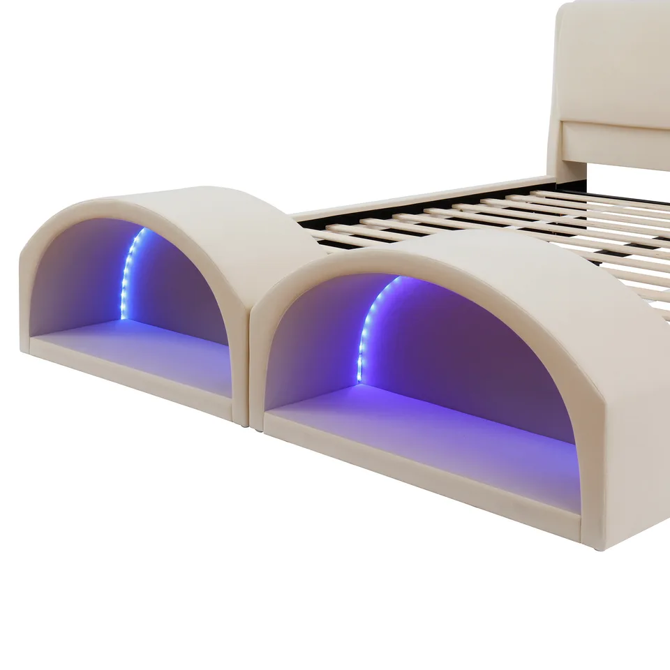 Queen Size Upholstered Platform Bed Frame with Dual Cat Caves, LED Lighted Pet Nests at Footboard, Beige view 18