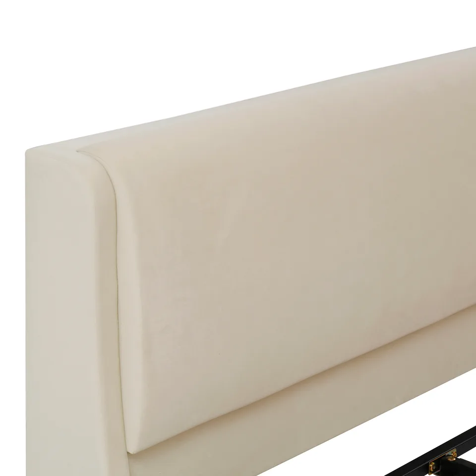 Queen Size Upholstered Platform Bed Frame with Dual Cat Caves, LED Lighted Pet Nests at Footboard, Beige view 12