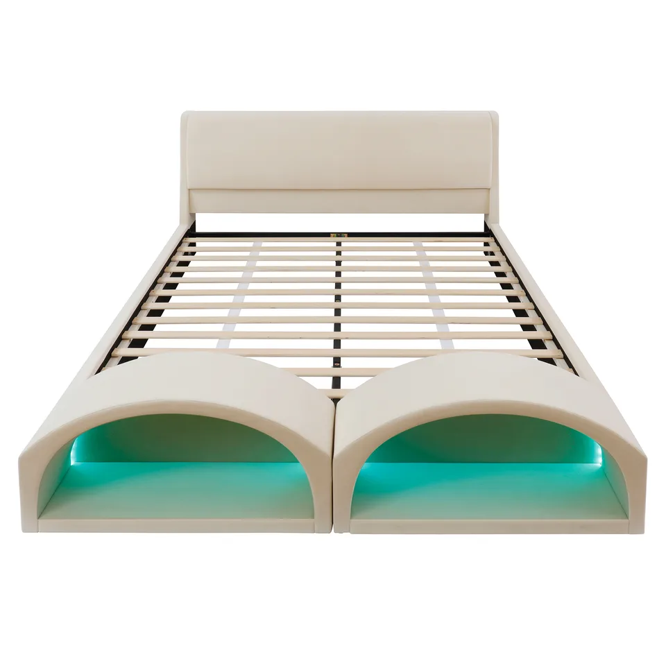 Queen Size Upholstered Platform Bed Frame with Dual Cat Caves, LED Lighted Pet Nests at Footboard, Beige view 16