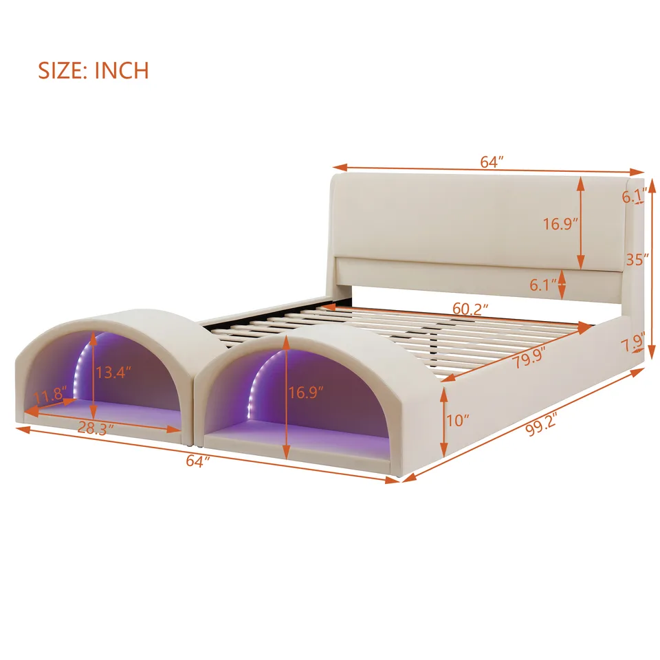 Queen Size Upholstered Platform Bed Frame with Dual Cat Caves, LED Lighted Pet Nests at Footboard, Beige view 4