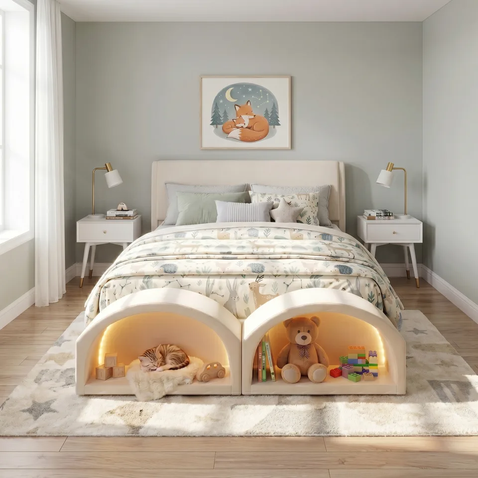 Queen Size Upholstered Platform Bed Frame with Dual Cat Caves, LED Lighted Pet Nests at Footboard, Beige view 11