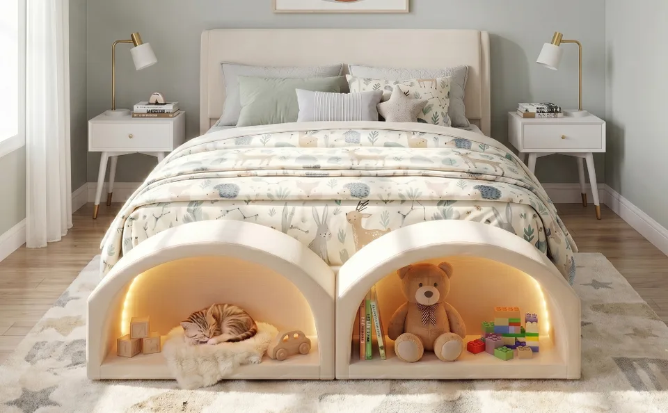 Queen Size Upholstered Platform Bed Frame with Dual Cat Caves, LED Lighted Pet Nests at Footboard, Beige view 8