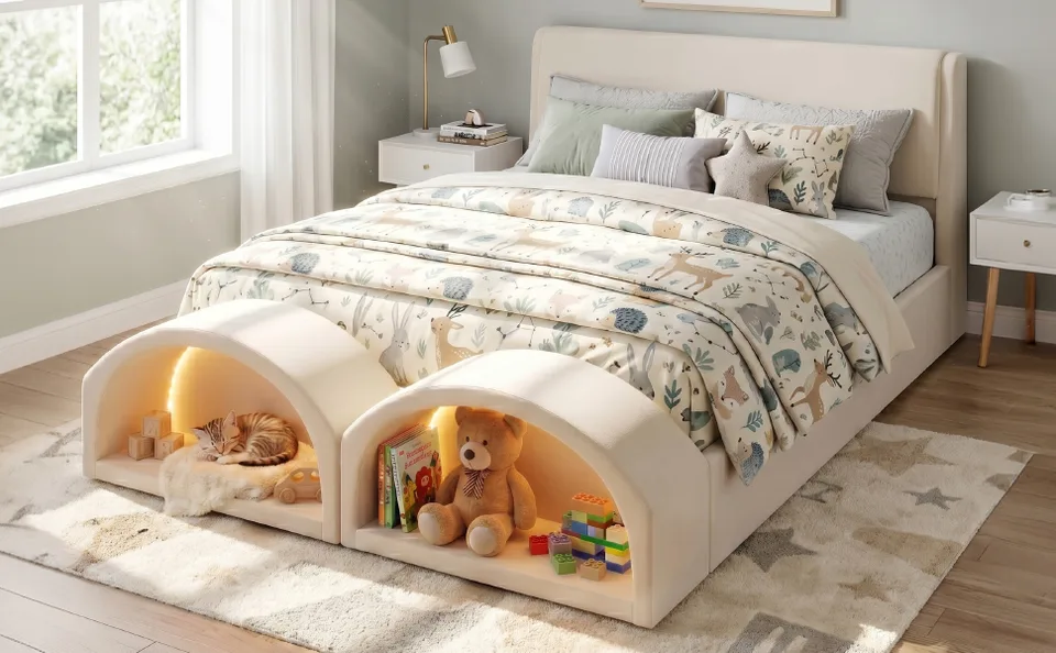 Queen Size Upholstered Platform Bed Frame with Dual Cat Caves, LED Lighted Pet Nests at Footboard, Beige view 17