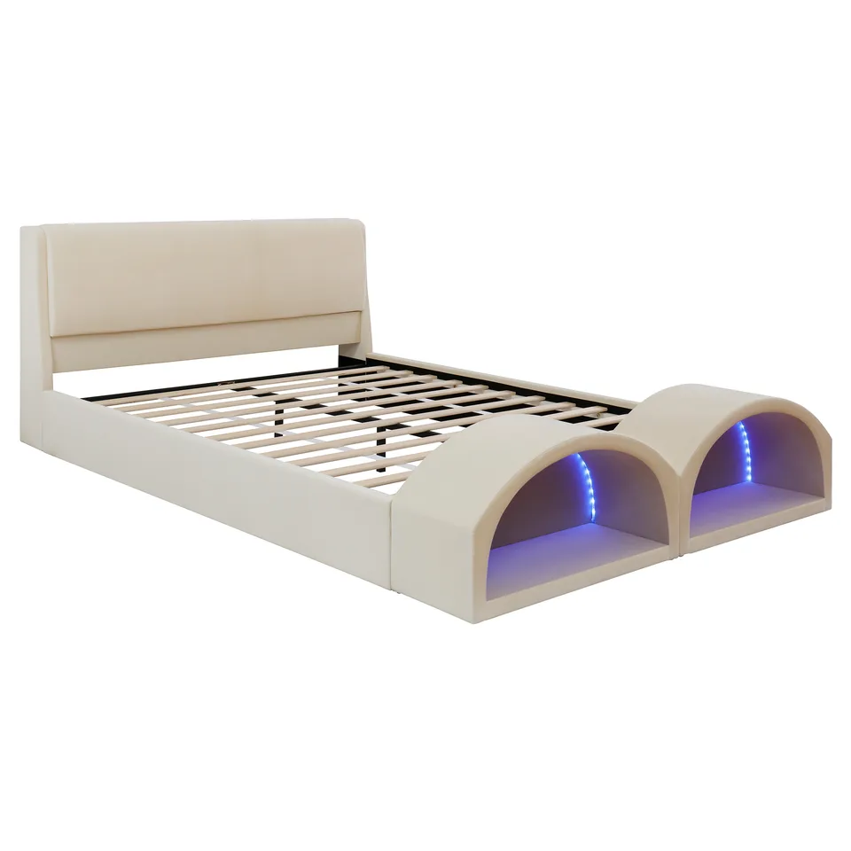 Queen Size Upholstered Platform Bed Frame with Dual Cat Caves, LED Lighted Pet Nests at Footboard, Beige view 10