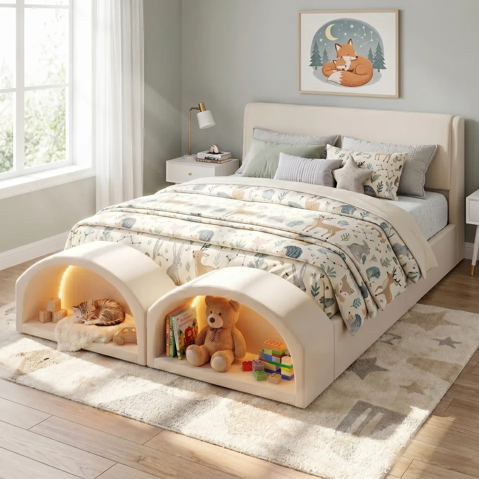 Queen Size Upholstered Platform Bed Frame with Dual Cat Caves, LED Lighted Pet Nests at Footboard, Beige view 1